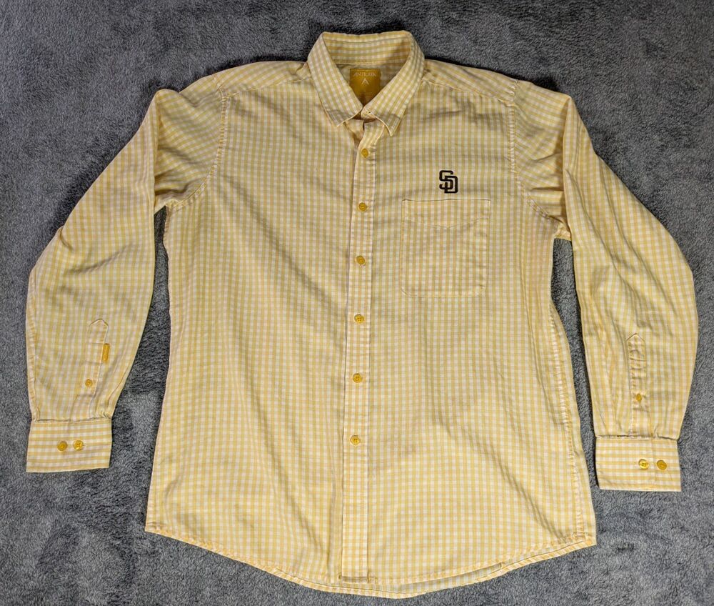 Antigua San Diego Padres Shirt Mens Large Yellow Gingham Button Front MLB SD